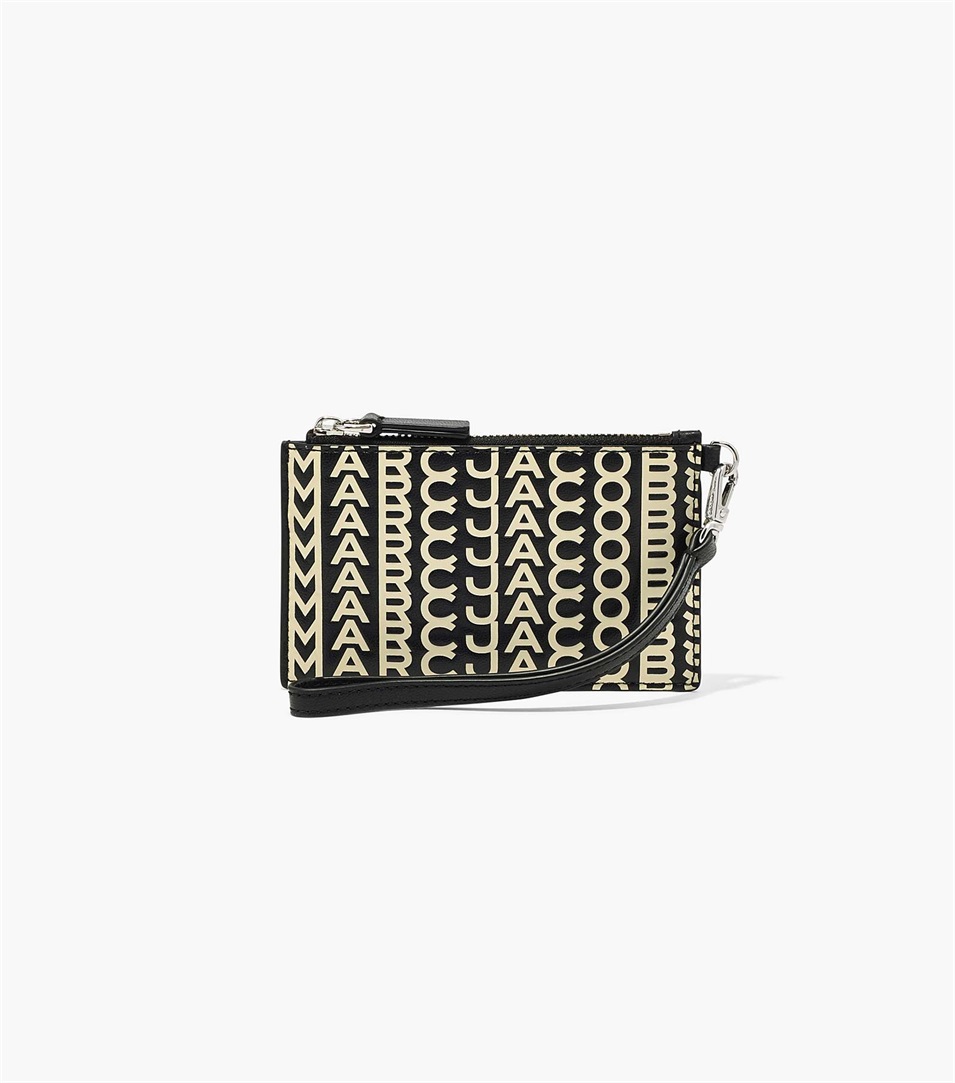 Carteras Marc Jacobs The Monogram Leather Top Zip Wristlet Mujer Negras Blancas | Peru-83967